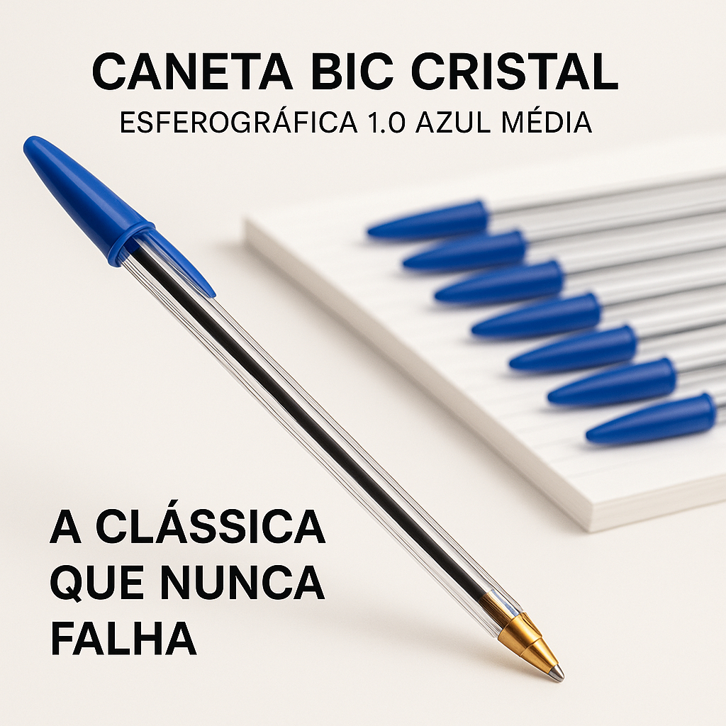 1 caixa Com 50 Unidades de Caneta Esferográfica Cristal Dura + 1.0mm Azul Bic